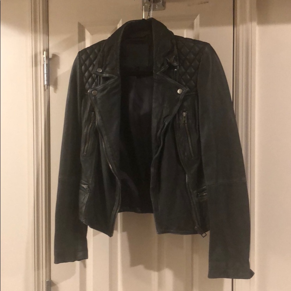 All Saints Cargo Biker Distressed Leather Jacket